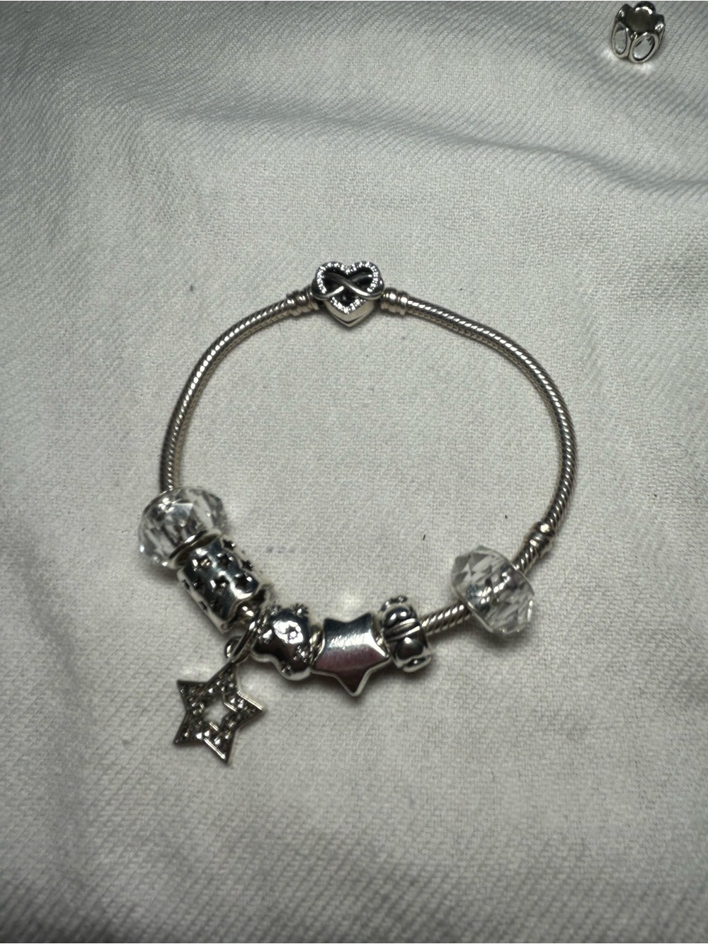 Pandora Silver Bracelet with Black Heart Clasp and Silver Charms